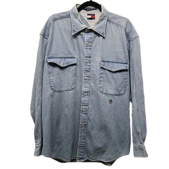 VTG Tommy Hilfiger Button Up Shirt Mens sz Large Long Sleeve Blue Denim Cotton - Picture 1 of 9